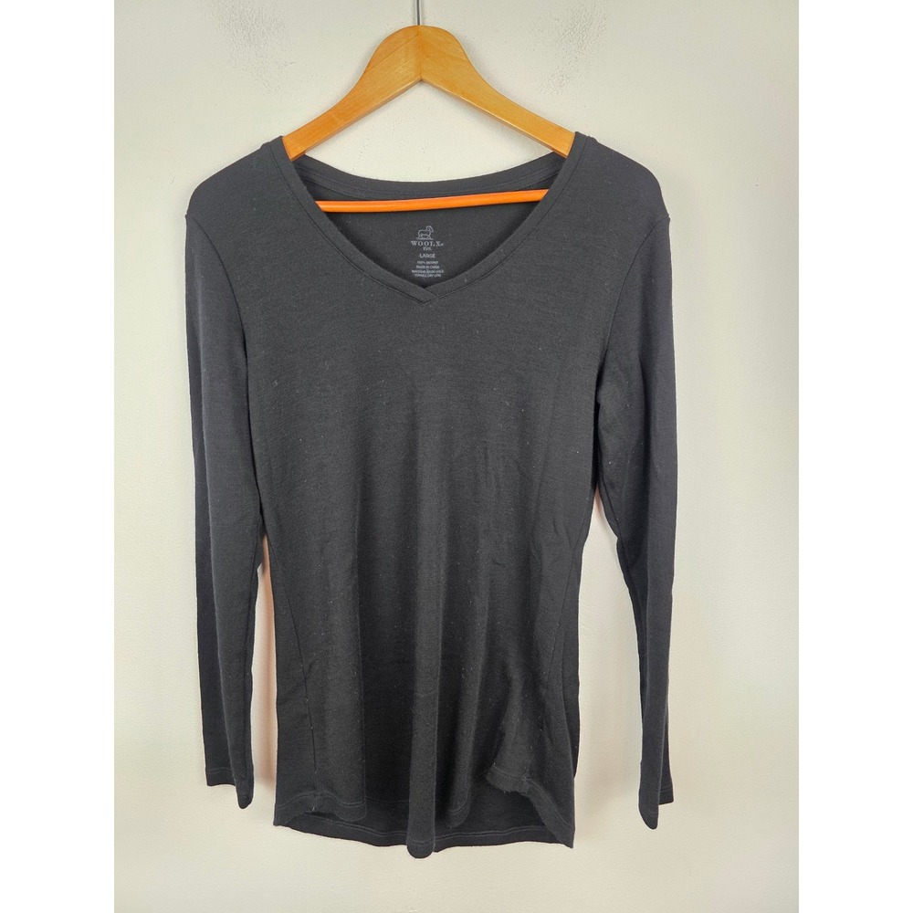 Woolx Eva Womens Large Black 100% Merino Wool V-Neck Long Sleeve Base Layer Top